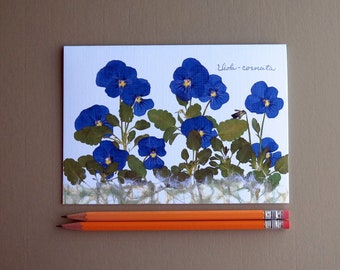 Viola flowers, pressed flower cards, garden violas, Viola botanical card, blue flowers, nature greeting card no.1109