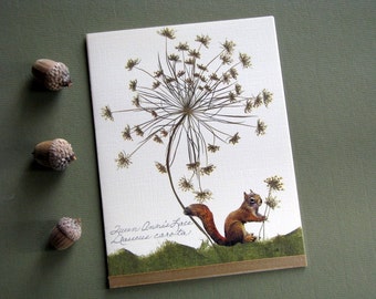 Queen Annes Lace pressed wildflower with friendly squirrel, greeting card, no.1026