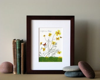 Pressed flowers art print, 8" x 10" matted, California Poppies, yellow poppy flowers, summer art gift, botanical art no. 10