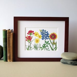 Pressed flower print, 8&quot; x 10&quot; matted, Texas wildflowers, wildflower mix, botanical art print, Austin, gift idea for Texan, wall art no. 092