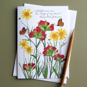 Lady Bird Johnson wildflowers greeting card, Indian Paintbrush and daisy, pressed flowers image, Lady Bird quote, Texan, card no.1209
