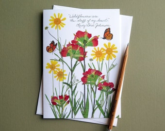 Lady Bird Johnson wildflowers greeting card, Indian Paintbrush and daisy, pressed flowers image, Lady Bird quote, Texan, card no.1209