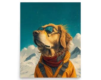 Golden Retriever Ski Poster: Funny Dog Art, Winter Cabin Decor