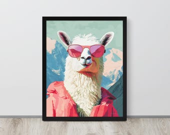 Poster incorniciato Lama con occhiali da sole rosa - Poster artistico con animali stravaganti