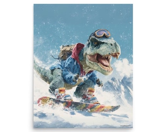 Snowboarding Dinosaur Poster: Funny T-Rex Print for Ski Lodge