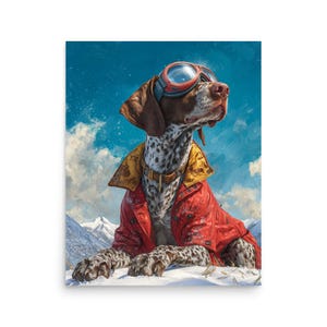 May include: A print of a dog wearing goggles and a red jacket, set against a snowy mountain backdrop. The dog has brown and white spotted fur, with a brown leather collar and a yellow collar underneath the red jacket. The goggles are red and blue.