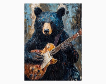 ギターを弾く素朴なクマのウォールアート - ヴィンテージ音楽愛好家