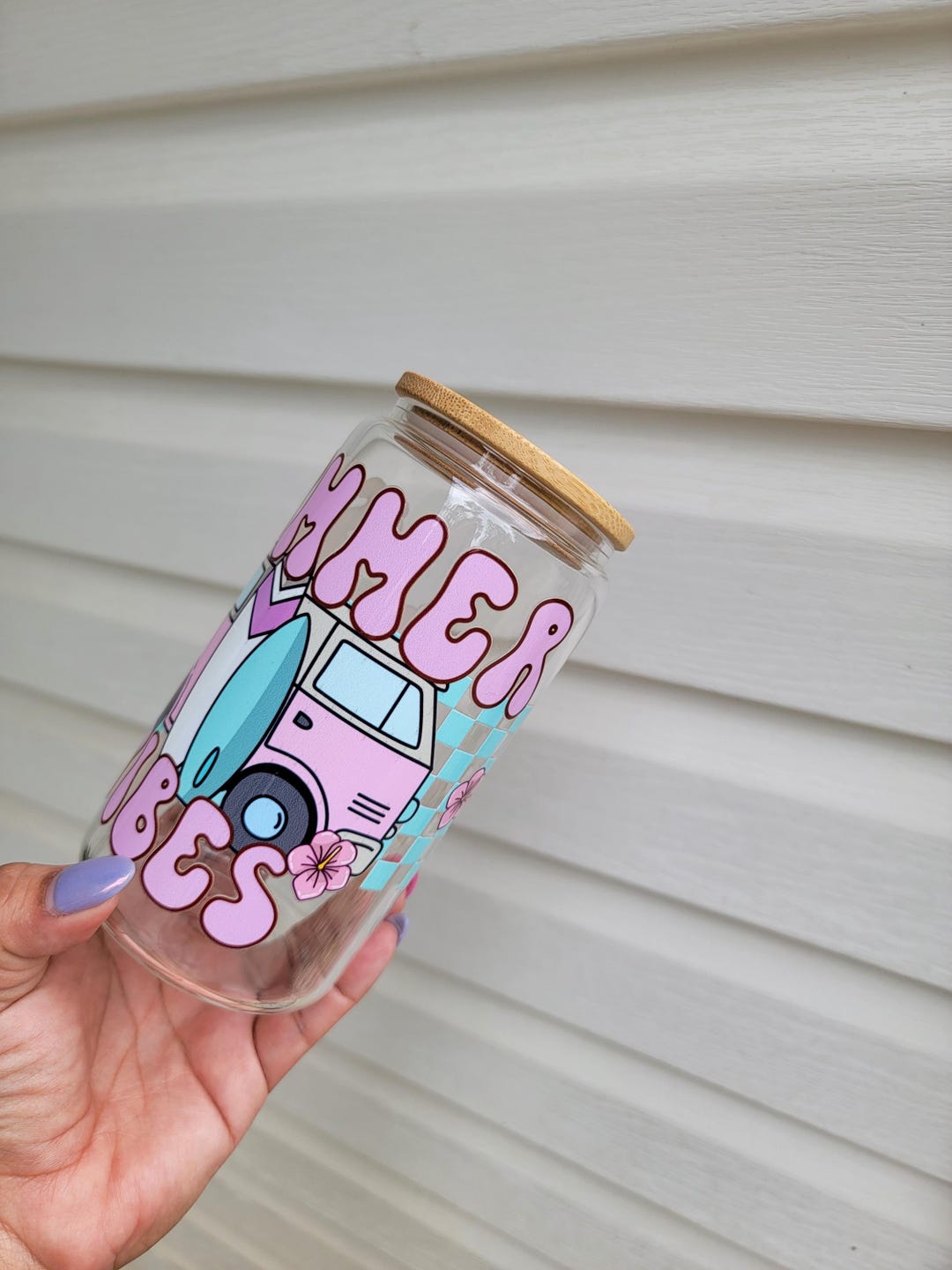 Retro Summer Bus Glass Cup With Bamboo Lid & Straw (16 Oz) - Etsy