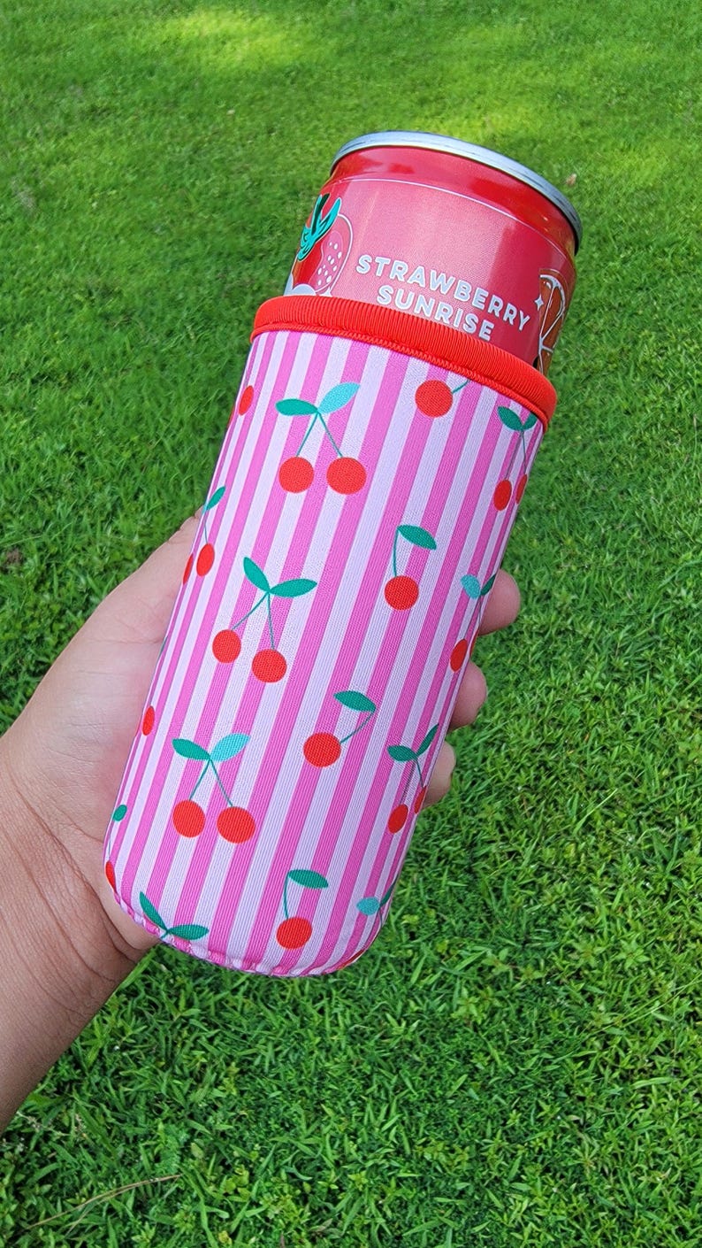 Neoprene Can Cooler Sleeve, 12oz Soda Holder, Cherry Floral Drink Sleeve Cherry tall sleeve