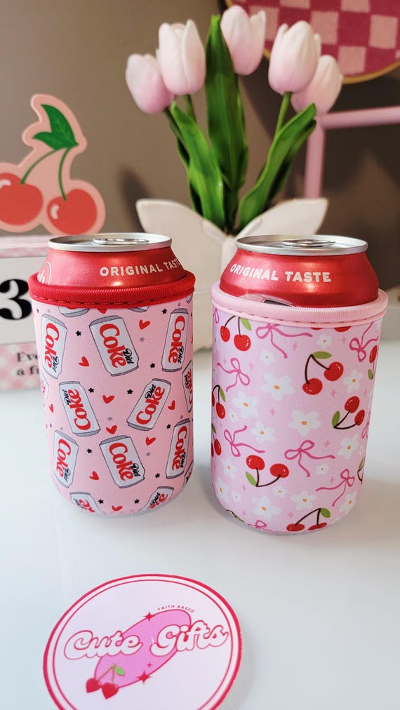 Neoprene Can Cooler Sleeve, 12oz Soda Holder, Cherry Floral Drink Sleeve