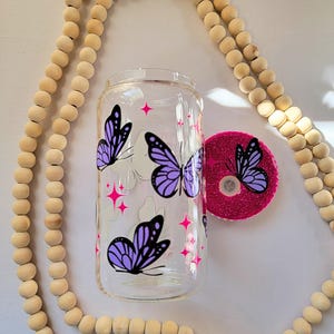 Butterfly 16oz Glass Cup, Cute cups with decorated lid, Perzonalized gifts.
