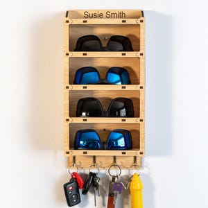 Personalized Sunglass and Eyeglass Shelf with Key Hooks (4 Pair plus 1)