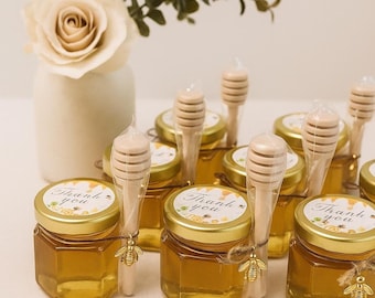 Mini tarros de miel para bodas con cucharón de madera / Recuerdos de miel personalizados / Regalos para despedidas de soltera, baby shower y bodas islámicas