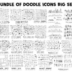 Op de afbeelding: Een grote set met zwart-witte doodle-iconen, waaronder terug naar school, info-doodle, universeel doodle, boom-doodle, hipster-doodle, muziek-doodle-set, zakelijke iconenset, stadsgezicht-set, bloemschets, zomer-doodle, groente-doodle, sport-doodle, feest-doodle, bubbels-set, pijl-doodle-set, kaderset, lettertype-set, banner-doodle, hart-doodle en menselijk doodle.