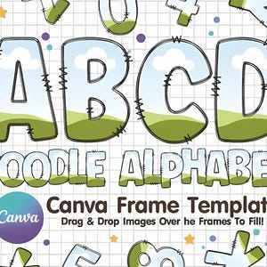 Canva Frame Doodle Alphabet UPPERCASE e números, modelo de letras Canva editável, padrão de preenchimento personalizado, downloads digitais