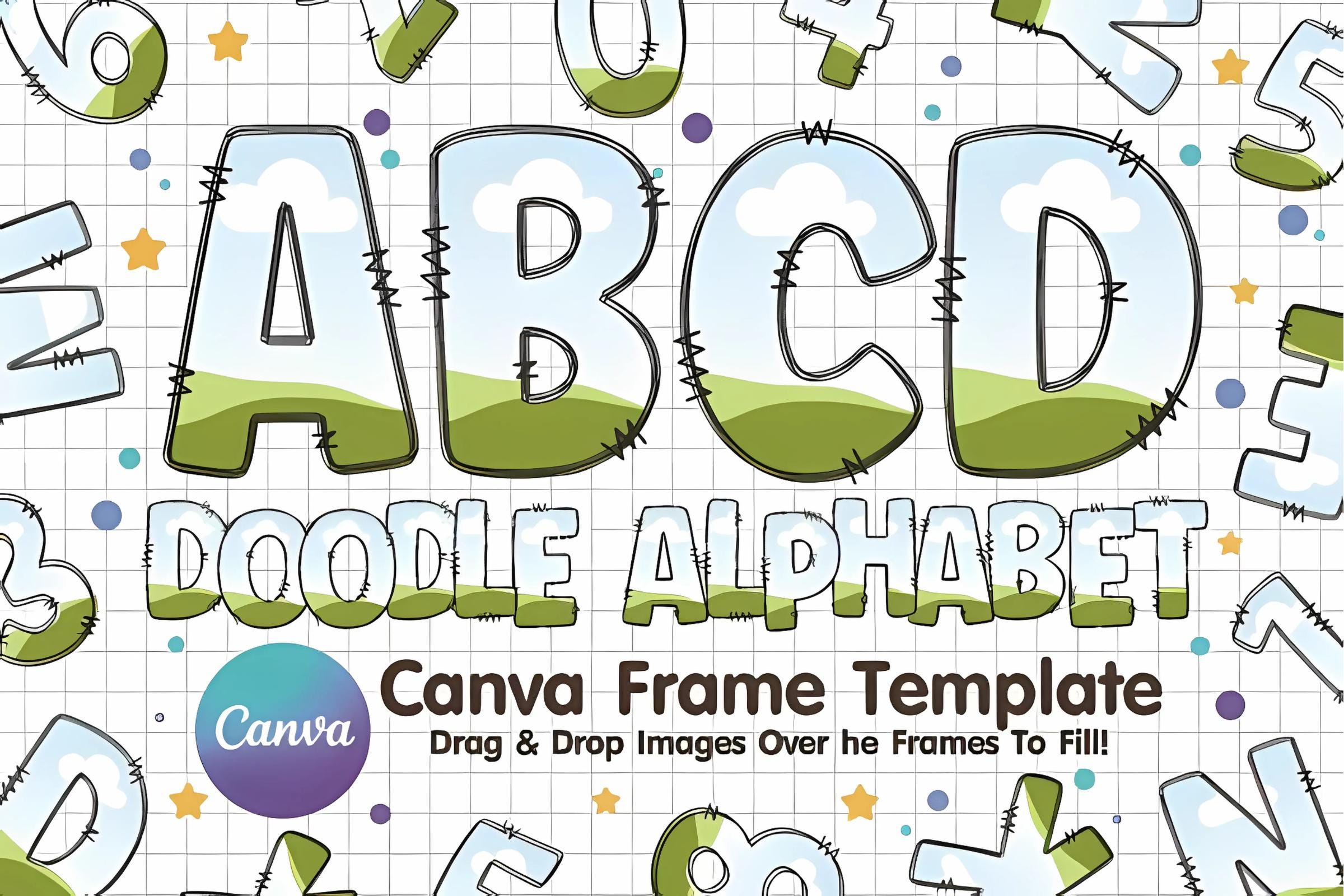 Canva Frame Doodle Alphabet UPPERCASE and Numbers, Editable Canva Letters template Custom Fill Pattern Digital Downloads