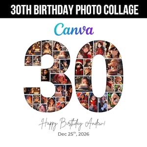 May include: A 30th birthday photo collage. The number "30" is formed by a collage of photos. The text "Happy Birthday Andrew!" and "Dec 25th, 2026" are present. The word "Canva" is written in a gradient color.