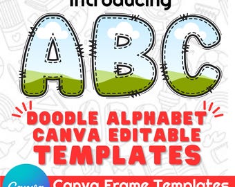 Nieuw Canva Frame Doodle-alfabet HOOFDLETTERS en cijfers, bewerkbare sjabloon Canva Letters Aangepast opvulpatroon Digitale downloads