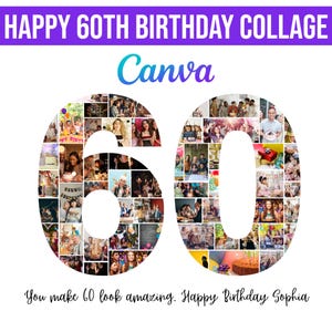 Modèle de collage photo 60e anniversaire, collage numéro 60, collage 60e, cadeau personnalisé pour elle, 60e anniversaire, collage de numéros, modèle de toile