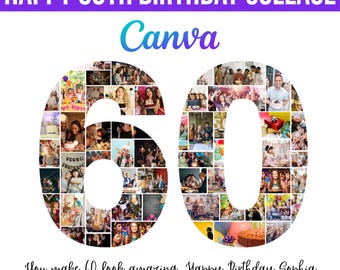 Plantilla de collage de fotos para el 60.° cumpleaños, collage con el número 60, collage del 60.° cumpleaños, regalo personalizado para ella, 60.° cumpleaños, collage con números, plantilla de Canva