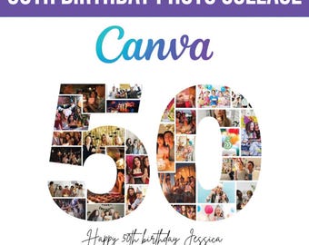 Plantilla de collage de fotos para el 50.° cumpleaños, collage con el número 50, collage del 50.° cumpleaños, regalo personalizado para ella, 50.° cumpleaños, collage con números, plantilla de Canva