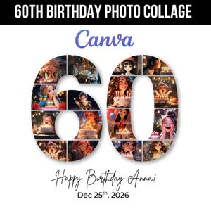 Può includere: Un collage fotografico per un 60° compleanno, con il numero 60 riempito di immagini di persone. Il testo "60th Birthday Photo Collage" e "Happy Birthday Anna! Dec 25th, 2026" sono visualizzati. La parola "Canva" è visibile.