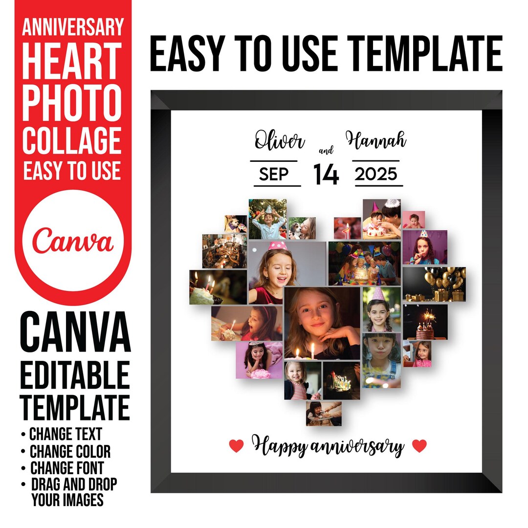 Canva Heart Photo Collage Editable Template, Valentine's Day Heart ...