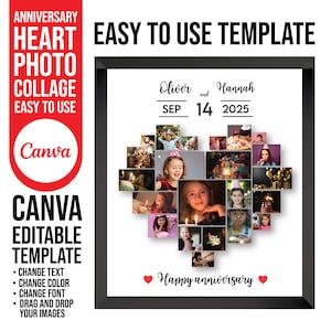 Canva hart fotocollage bewerkbare sjabloon, Valentijnsdag hart, canva liefdeslijsten, cadeau stel, romantische liefdescollage