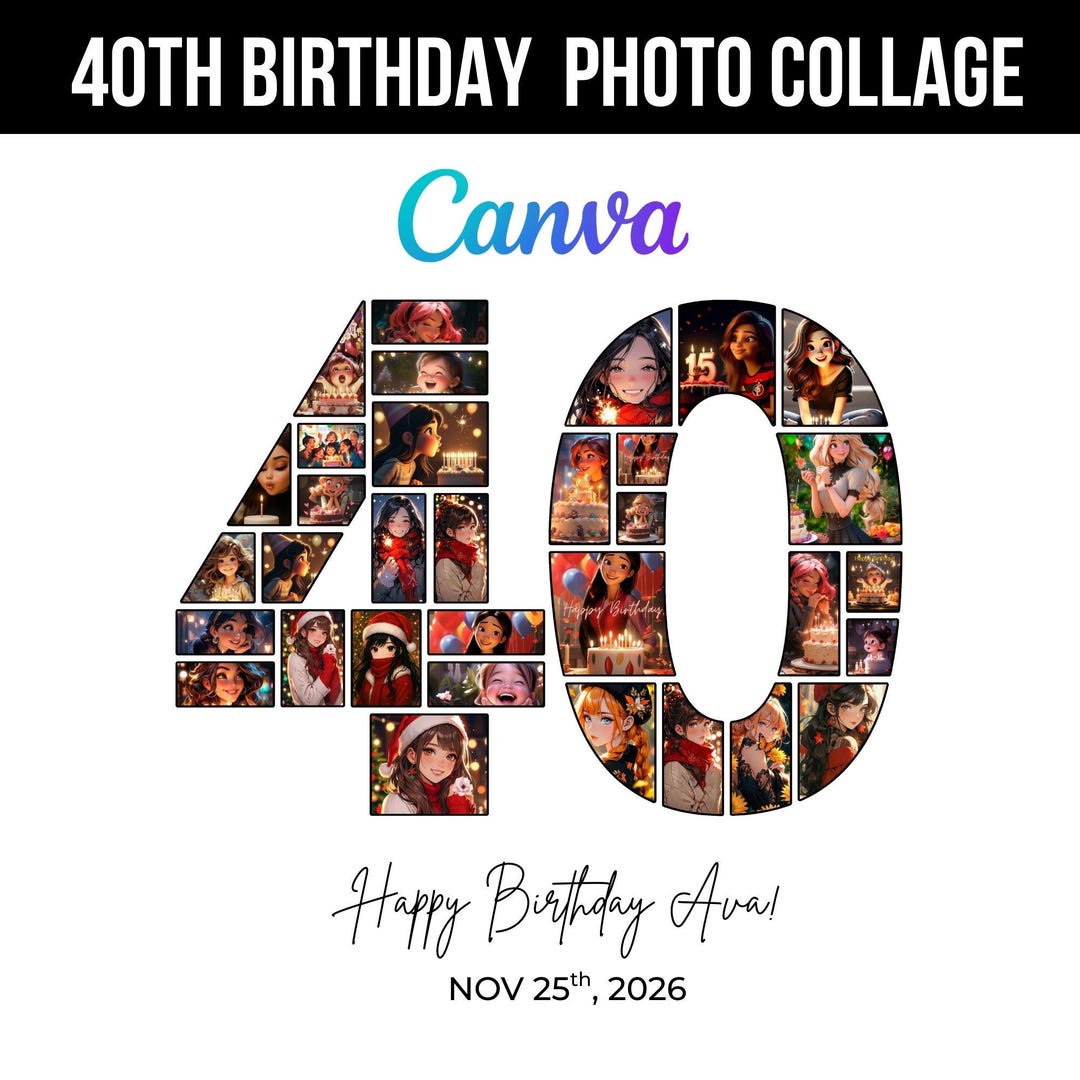 40th Birthday Photo Collage Template, Number 40 Collage, 40th Collage ...