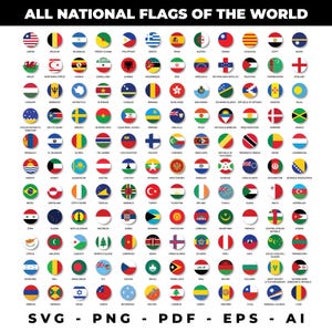 Op de afbeelding: Een gedetailleerde afbeelding met talrijke cirkelvormige nationale vlaggen. Elke vlag wordt gepresentd in een cirkelvormig ontwerp, met de naam van het land erboven. De afbeelding bevat de tekst "ALL NATIONAL FLAGS OF THE WORLD" en bestandstype-opties.