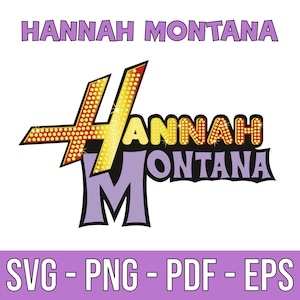 Puede incluir: Un logotipo amarillo y rojo con el texto "Hannah Montana" en una fuente brillante. El logotipo está sobre un fondo blanco.