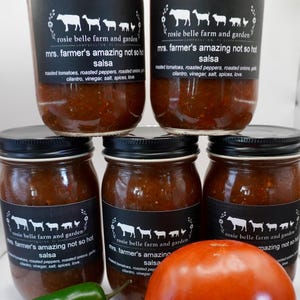 May include: Four glass jars of salsa with black labels that read "rosie belle farm and garden" and "mrs. farmer's amazing not so hot salsa". The labels also list the ingredients: roasted tomatoes, roasted peppers, roasted onions, garlic, cilantro, vinegar, salt, spices, and love. The jars are arranged in a pyramid shape with a red tomato, a green pepper, and a garlic clove in the foreground.