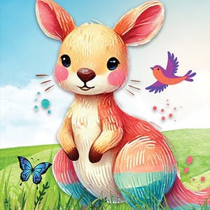 May include: A cartoon illustration of a pink and orange kangaroo standing on a grassy field with a blue butterfly and a purple and orange bird flying in the background.