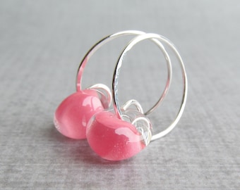 Petal Pink Earrings, Sterling Silver Wire Hoops, Glass Drops