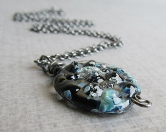 Lampwork Pendant Necklace, Black and Blue Glass Coin Bead, Oxidized Sterling Silver Wire and Chain