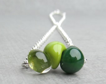 Ombre Green Glass Drop Necklace, Sterling Silver, Lampwork Beads