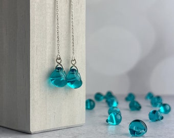 Teal Glass Threader Earrings, Sterling Silver Chain