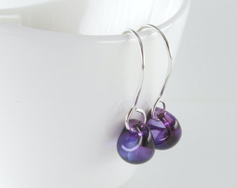 Heliotrope Purple Drop Earrings, Small Glass Dangles, Niobium or Sterling Silver