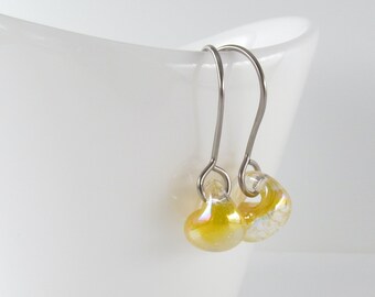 Dichroic Dandelion Yellow Drops, Sterling Silver Earrings, Lampwork Glass, Niobium