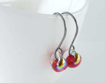 Dichroic Fire Red Earrings, Small Wire Dangles, Lampwork Drops, Sterling Silver or Niobium