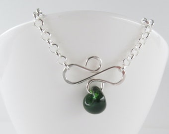 Green glass drop pendant necklace, Choose your shade of green, Sterling silver, Handmade wire flourish