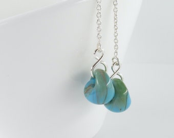 Blue Green Swirl Earrings, Sterling Silver Threaders, Green and Blue Glass Ear Threads