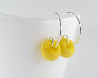 Daffodil Yellow Small Hoops, Bright Yellow Glass Earrings, Sterling Silver or Nickel Free Niobium, Jewelry Gift