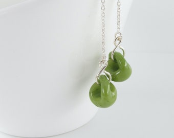 Moss Green Threader Earrings, Long Sterling Silver Chain Dangles, Glass Drops