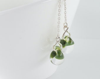 Leaf Green Threaders, Lampwork Glass Drop Chain Earrings, Sterling Silver