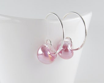 Carnation Pink Earrings, Small Wire Hoops, Everyday Jewelry, Sterling Silver or Hypoallergenic Niobium, Lampwork Glass Beads, Gift for Her