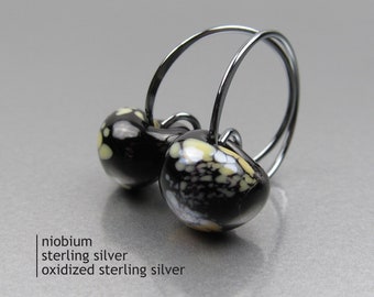 Mottled Black Glass Drop Earrings, Small Wire Hoops, Niobium or Sterling Silver