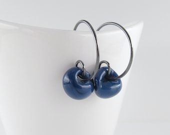 Small Hoop Earrings, Dark Steel Blue Lampwork Glass Drops, Sterling Silver or Hypoallergenic Niobium, Blue Gift