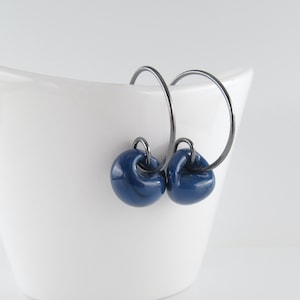 Small Steel Blue Lampwork Glass Hoop Earrings: Sterling Silver or Niobium