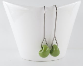 Moss Green Earrings, Long Drops, Lampwork Glass Beads, Sterling Silver or Hypoallergenic Niobium